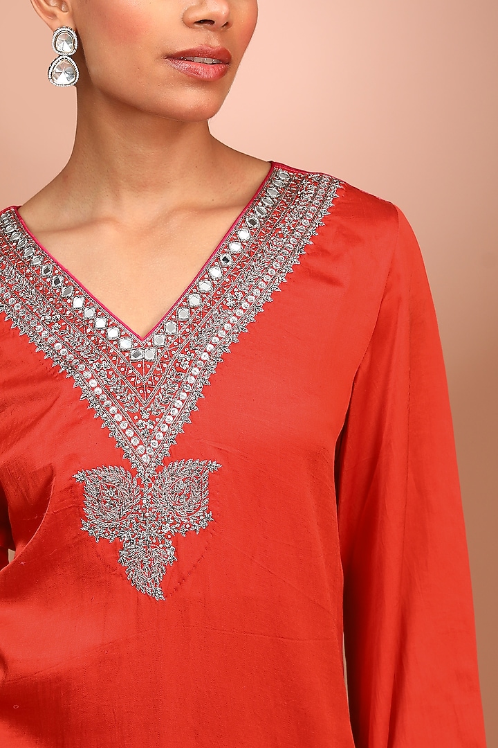 Orange Handloom Pure Mashru Katan Silk Hand Embroidered Maxi Vacation Dress by Trisvaraa at Pernia's Pop Up Shop