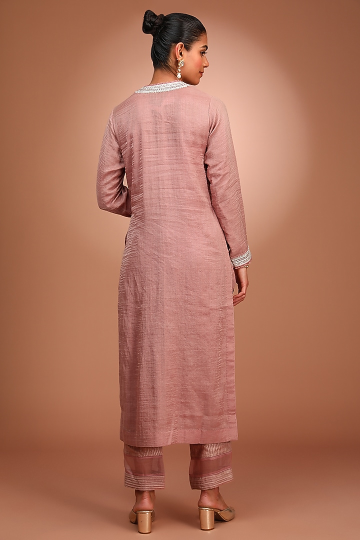 Pink Handwoven Pure Silk Cotton Sequins Hand Embroidered Kurta Set by Trisvaraa at Pernia's Pop Up Shop