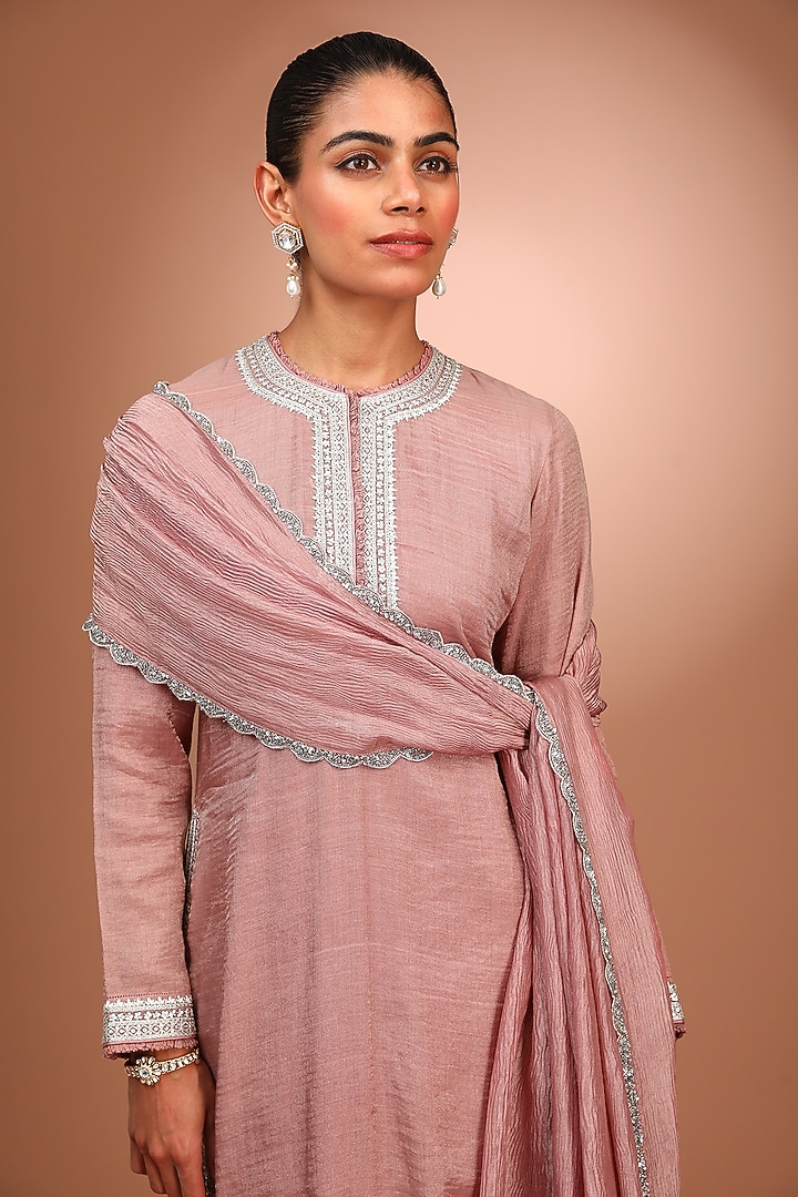 Pink Handwoven Pure Silk Cotton Sequins Hand Embroidered Kurta Set by Trisvaraa at Pernia's Pop Up Shop