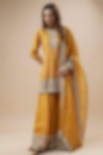 Mango Yellow Pure Silk Organza Sequins Embroidered Sharara Set by Trisvaraa at Pernia's Pop Up Shop