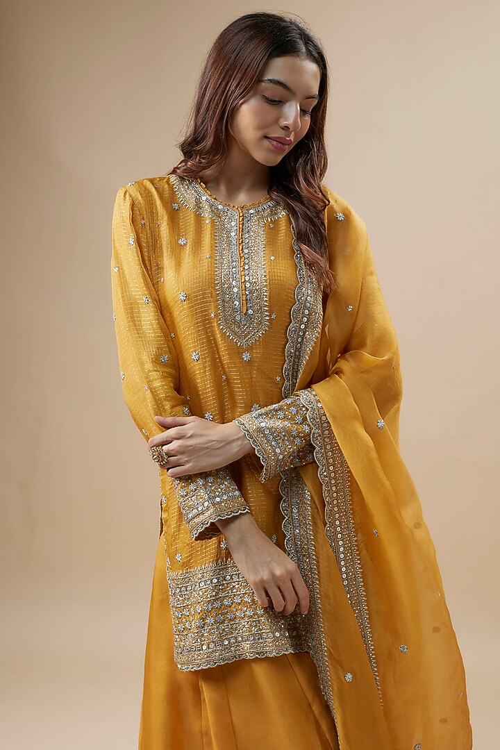 Mango Yellow Pure Silk Organza Sequins Embroidered Bridal Sharara Set by Trisvaraa at Pernia's Pop Up Shop