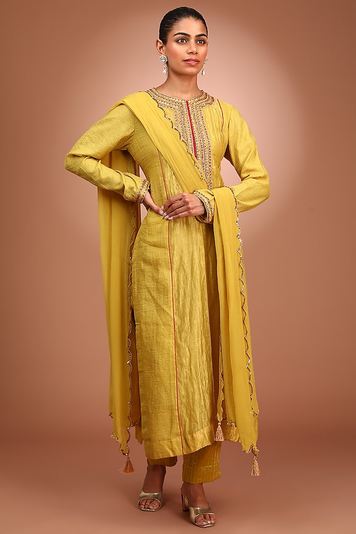 Lime Green Handloom Pure Cotton Silk Thread Hand Embroidered Kurta Set by Trisvaraa at Pernia's Pop Up Shop