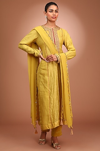 Lime Green Handloom Pure Cotton Silk Thread Hand Embroidered Kurta Set by Trisvaraa