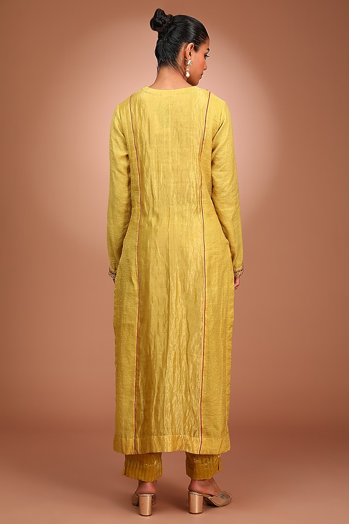 Lime Green Handloom Pure Cotton Silk Thread Hand Embroidered Kurta Set by Trisvaraa at Pernia's Pop Up Shop