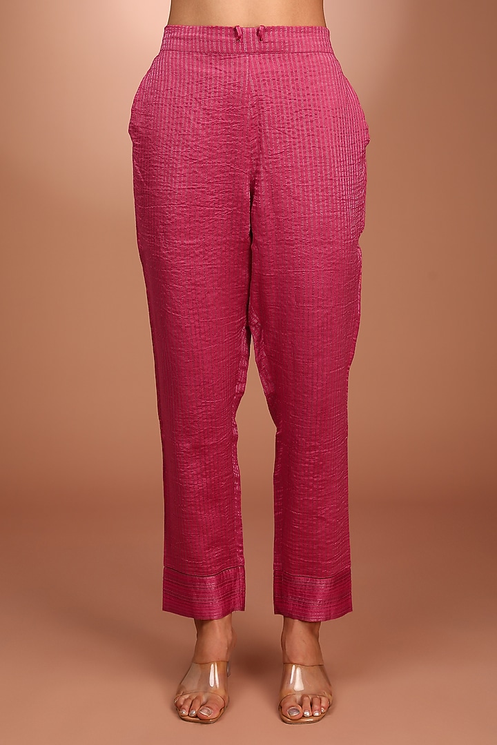 Pink Handwoven Pure Silk Cotton Hand Embroidered Kurta Set by Trisvaraa at Pernia's Pop Up Shop