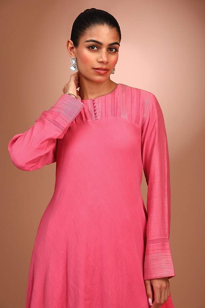 Pink Pure Silk Organza Hand Embroidered Kurta Set by Trisvaraa at Pernia's Pop Up Shop