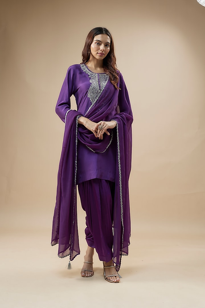 Aubergine Pure Raw Silk Dabka Hand Embroidered Kurta Set by Trisvaraa at Pernia's Pop Up Shop