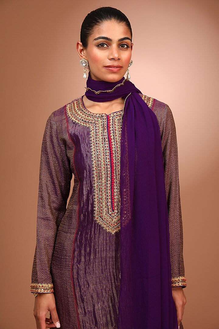 Purple Handloom Pure Cotton Silk Hand Dabka Embroidered Kurta Set by Trisvaraa at Pernia's Pop Up Shop