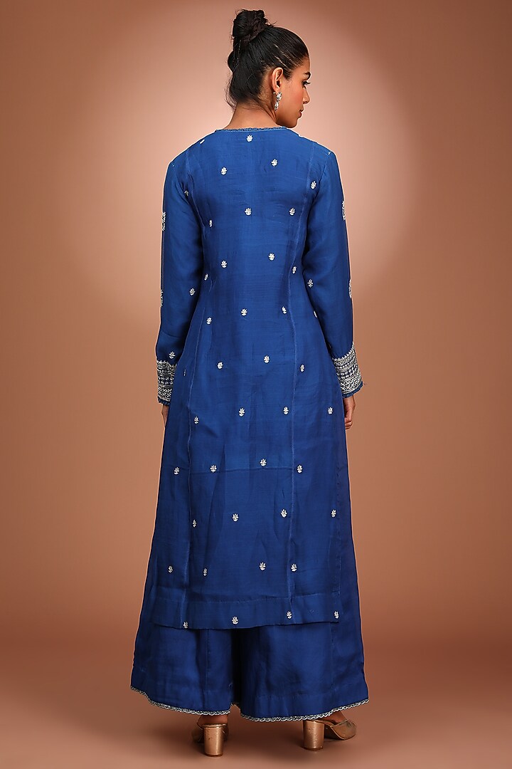 Blue Handwoven Pure Katan Silk Hand Embroidered Kurta Set by Trisvaraa at Pernia's Pop Up Shop