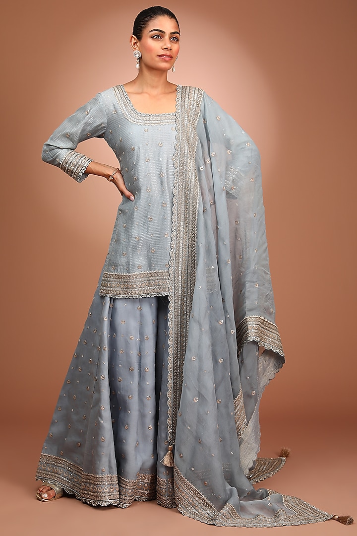 Blue Pure Silk Organza Hand Embroidered Sharara Set by Trisvaraa at Pernia's Pop Up Shop