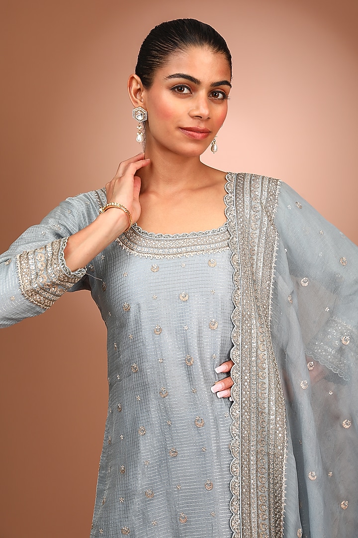 Blue Pure Silk Organza Hand Embroidered Bridal Sharara Set by Trisvaraa at Pernia's Pop Up Shop