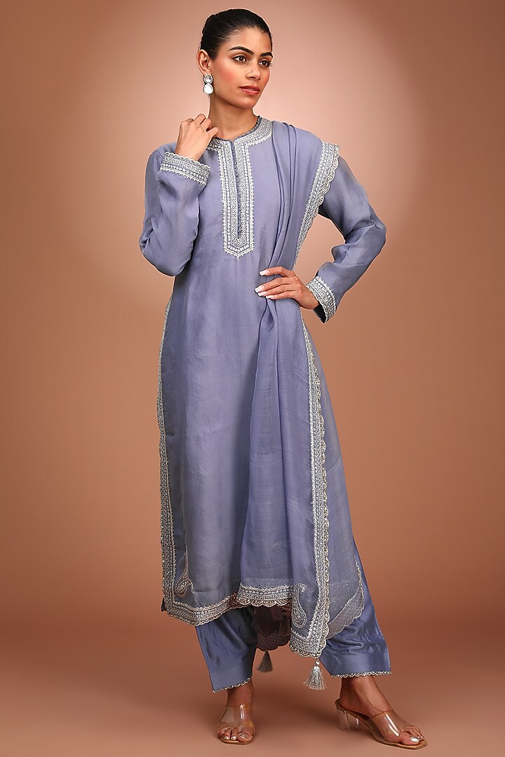 Blue Pure Silk Organza Hand Embroidered Kurta Set by Trisvaraa at Pernia's Pop Up Shop