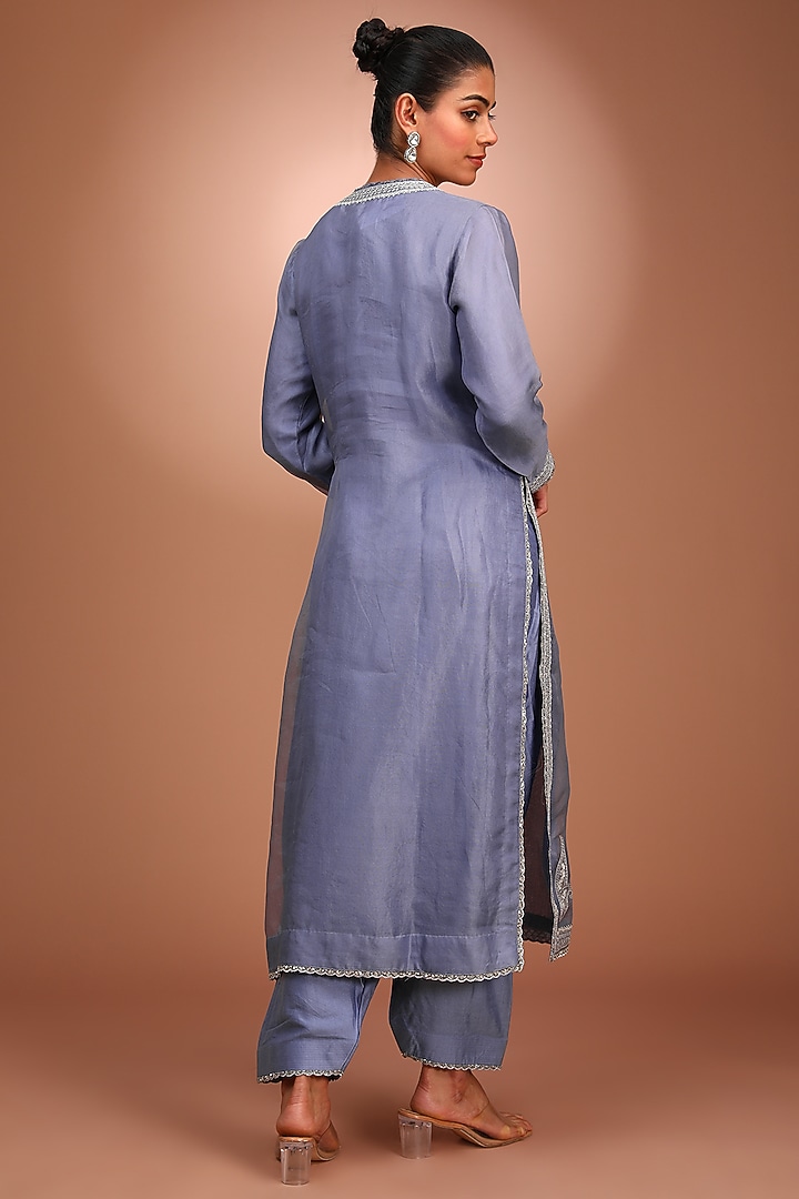 Blue Pure Silk Organza Hand Embroidered Kurta Set by Trisvaraa at Pernia's Pop Up Shop