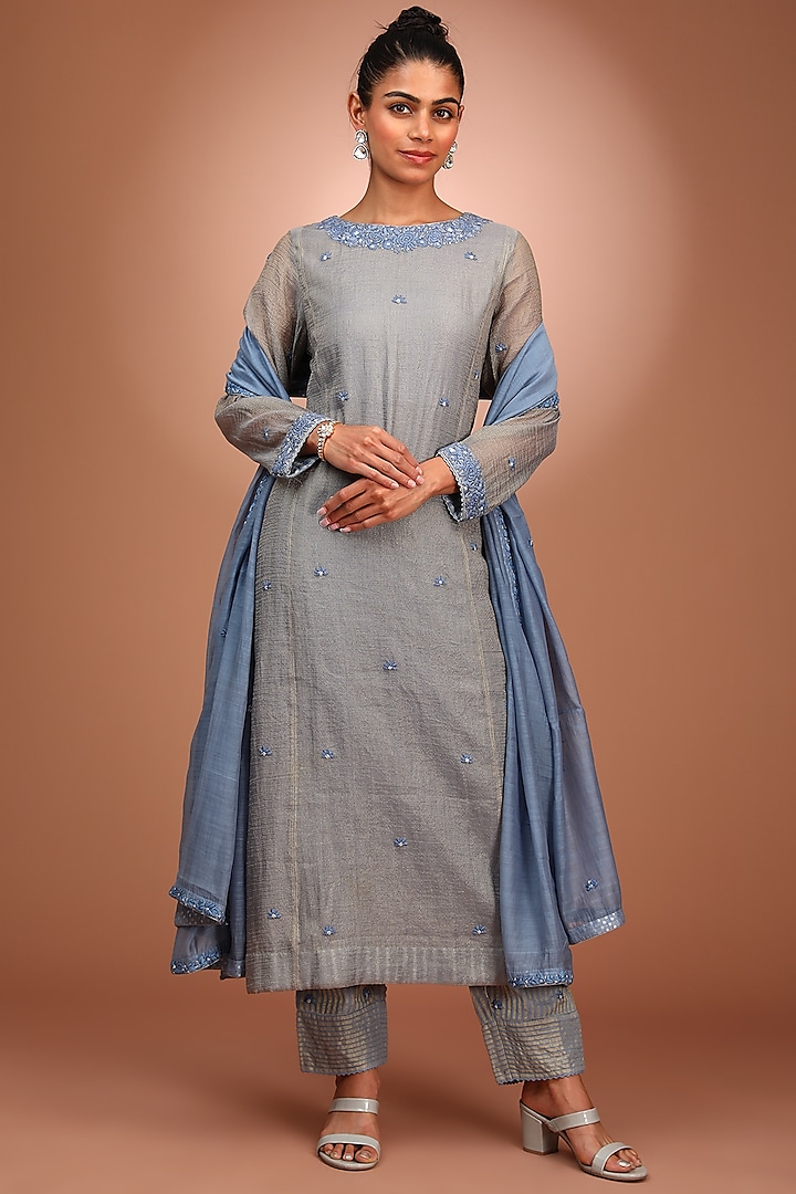 Blue Chanderi Kurta Set by Trisvaraa at Pernia's Pop Up Shop