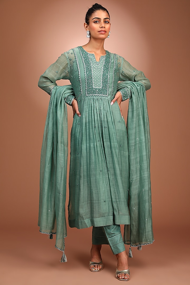 Green Pure Silk Cotton Hand Embroidered Kurta Set by Trisvaraa at Pernia's Pop Up Shop