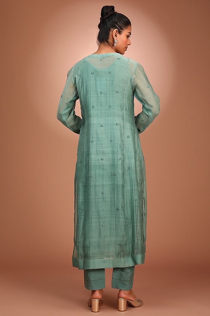 Green Pure Silk Cotton Hand Embroidered Kurta Set by Trisvaraa at Pernia's Pop Up Shop