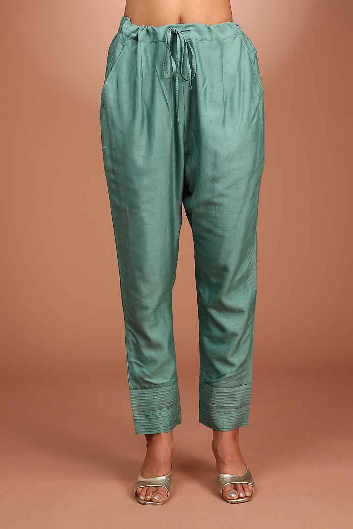 Green Pure Silk Cotton Hand Embroidered Kurta Set by Trisvaraa at Pernia's Pop Up Shop