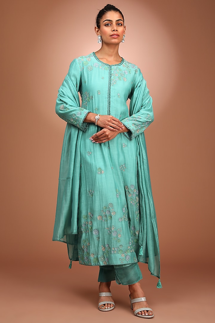 Blue Pure Cotton Silk Hand Embroidered Kurta Set by Trisvaraa at Pernia's Pop Up Shop