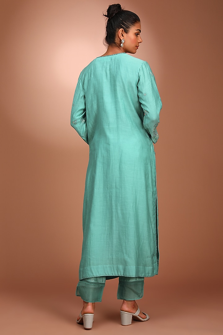 Blue Pure Cotton Silk Hand Embroidered Kurta Set by Trisvaraa at Pernia's Pop Up Shop