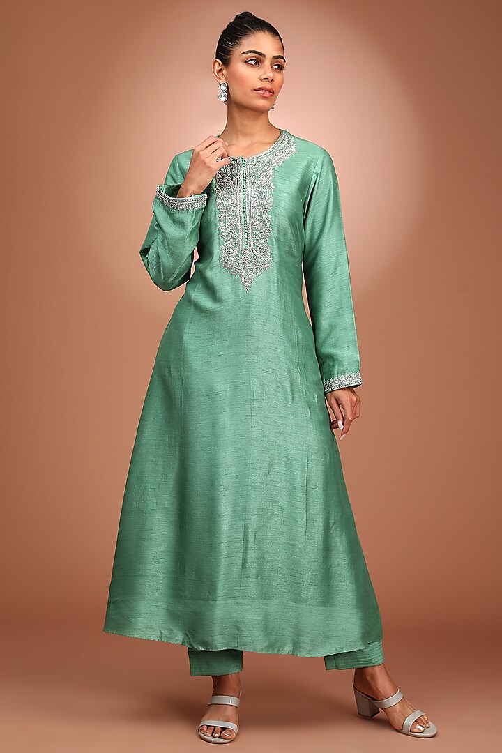 Green Raw Silk Dabka Hand Embroidered Kurta Set by Trisvaraa