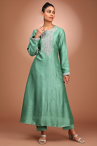 Green Raw Silk Dabka Hand Embroidered Kurta Set by Trisvaraa