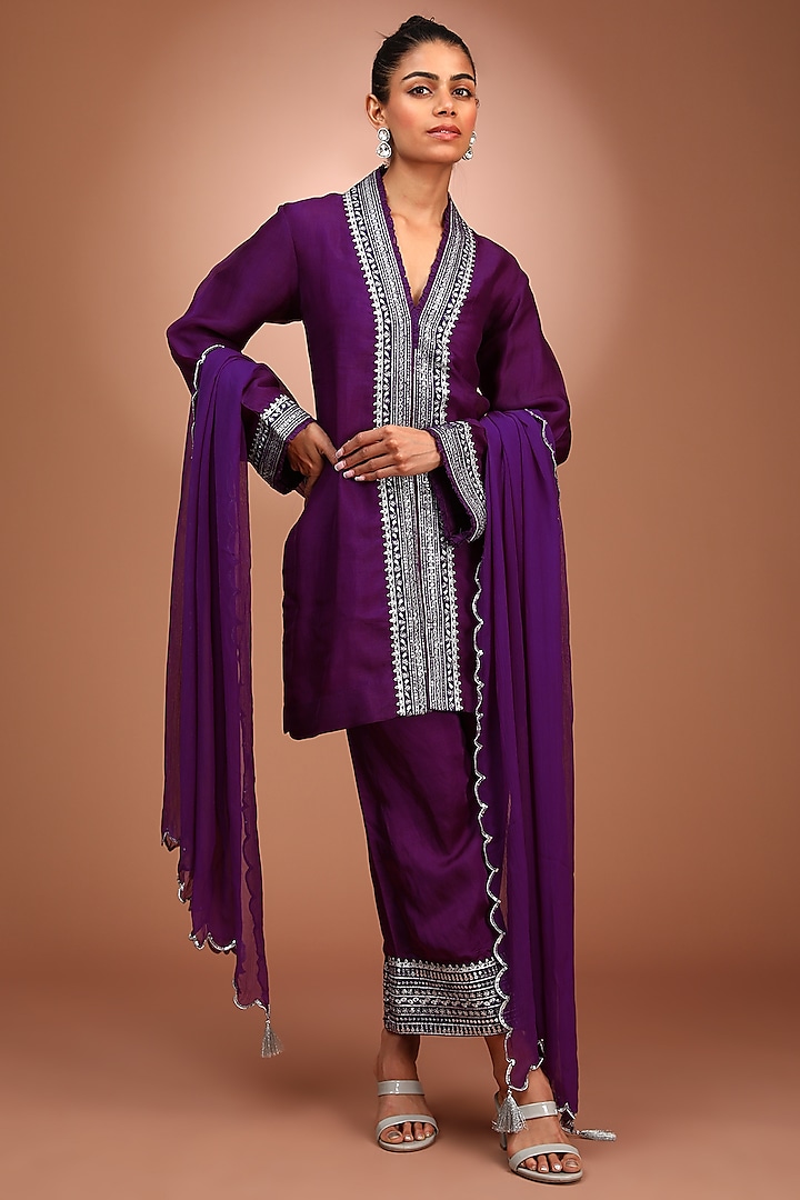 Purple Pure Silk Organza Cutdana & Sequin Embellished Kurta Set by Trisvaraa