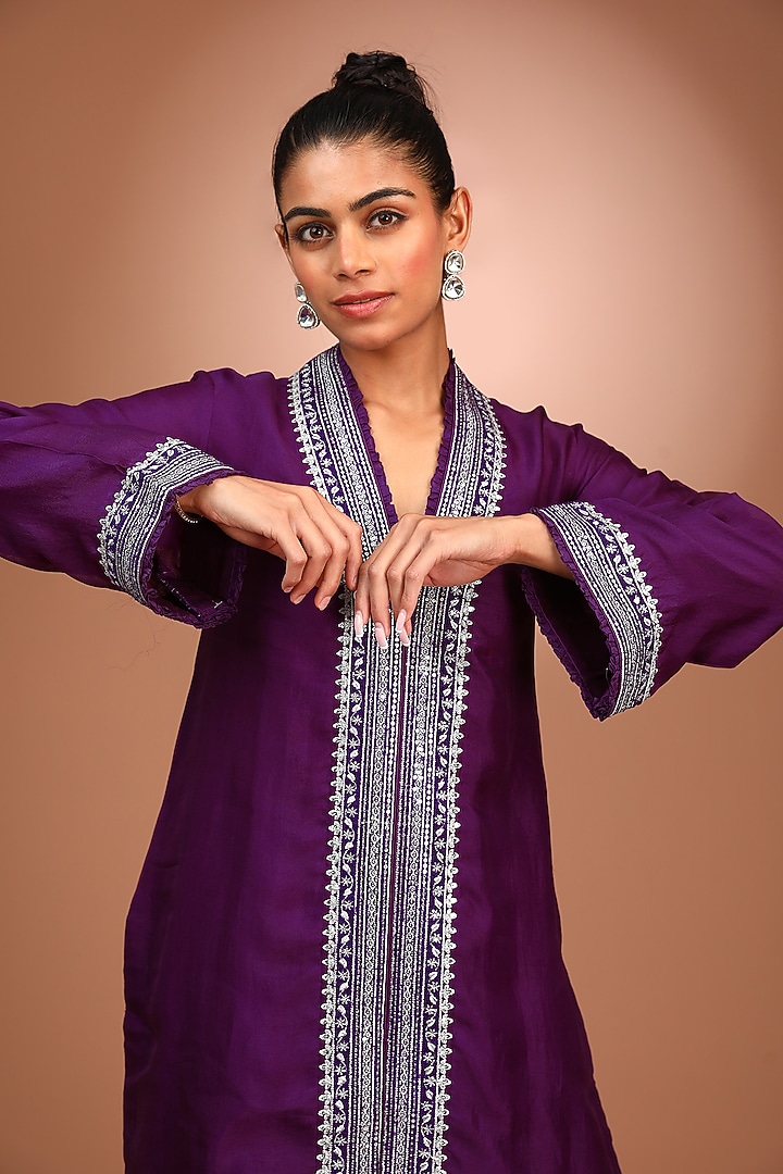 Purple Pure Silk Organza Cutdana & Sequin Embellished Kurta Set by Trisvaraa at Pernia's Pop Up Shop