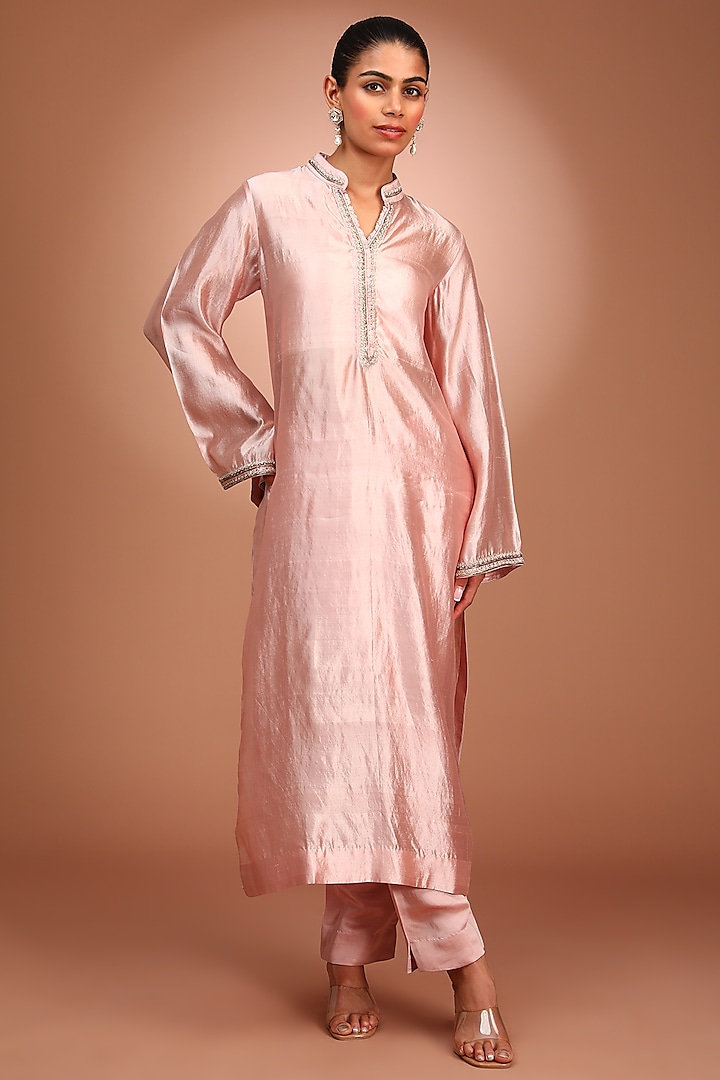 Pink Pure Pattu Silk Hand Embroidered Kurta Set by Trisvaraa