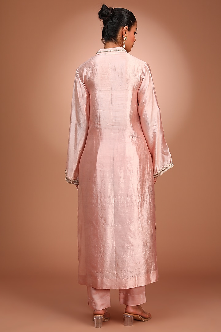 Pink Pure Pattu Silk Hand Embroidered Kurta Set by Trisvaraa at Pernia's Pop Up Shop