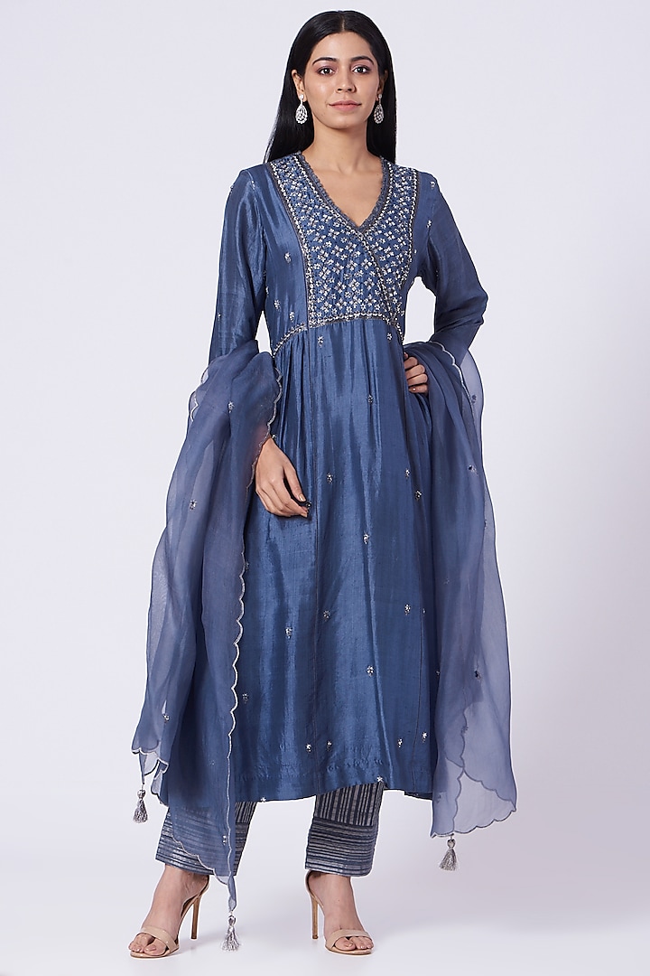 Cobalt Blue Zardosi Hand Embroidered Kurta Set by Trisvaraa