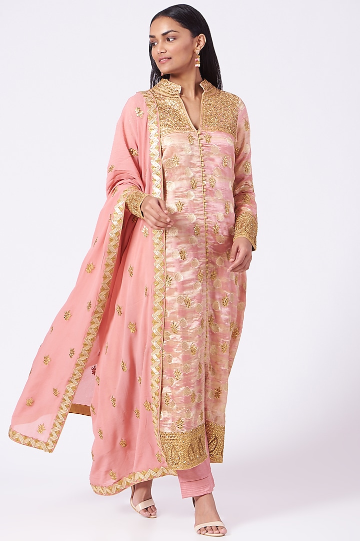Blush Pink Gota Embroidered Kurta Set by Trisvaraa