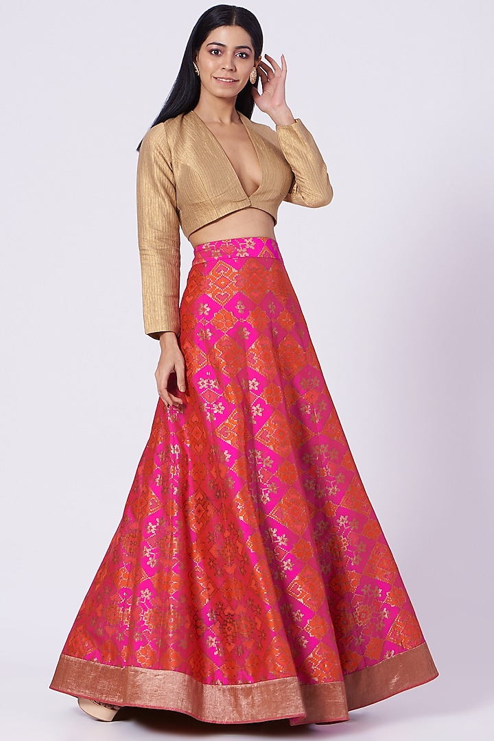 Pink Handwoven Banarasi Lehenga Set by Trisvaraa