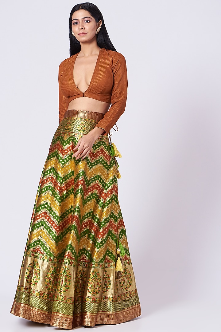 Multi-Coloured Pure Banarasi Silk Lehenga Set by Trisvaraa
