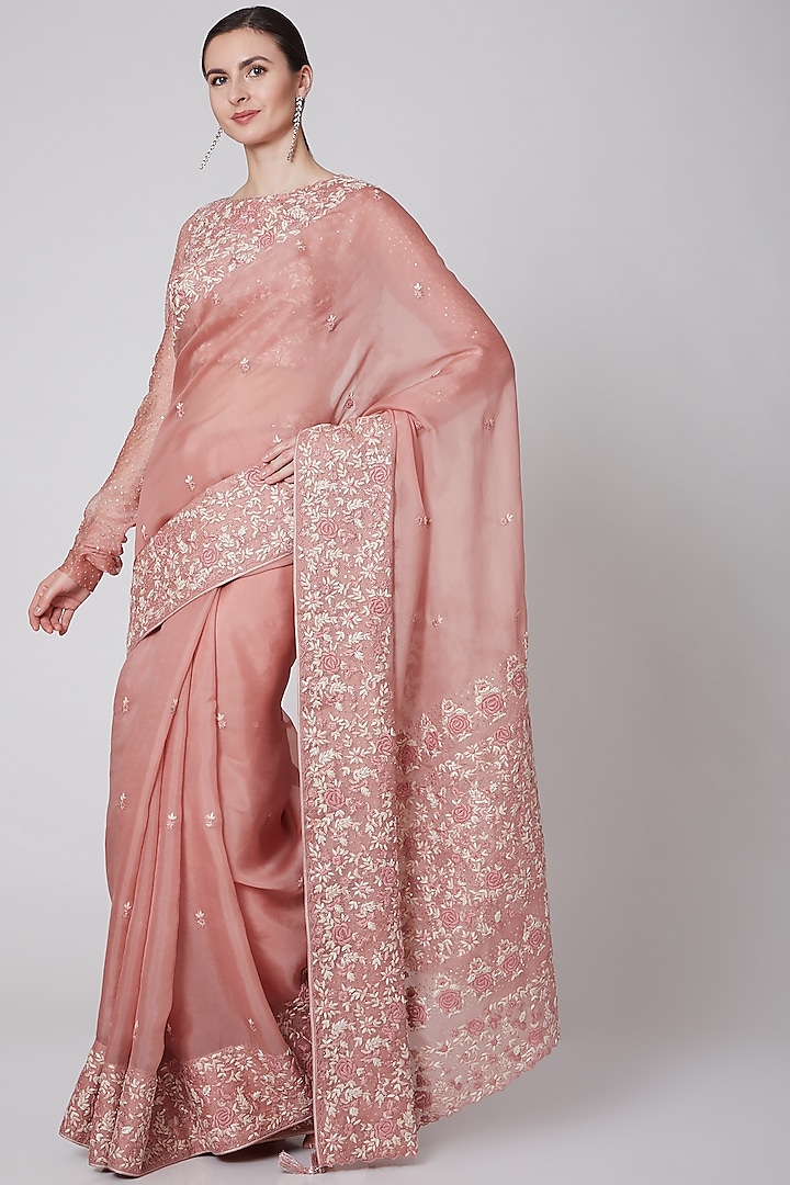 Blush Pink Embroidered Saree Set by Trisvaraa