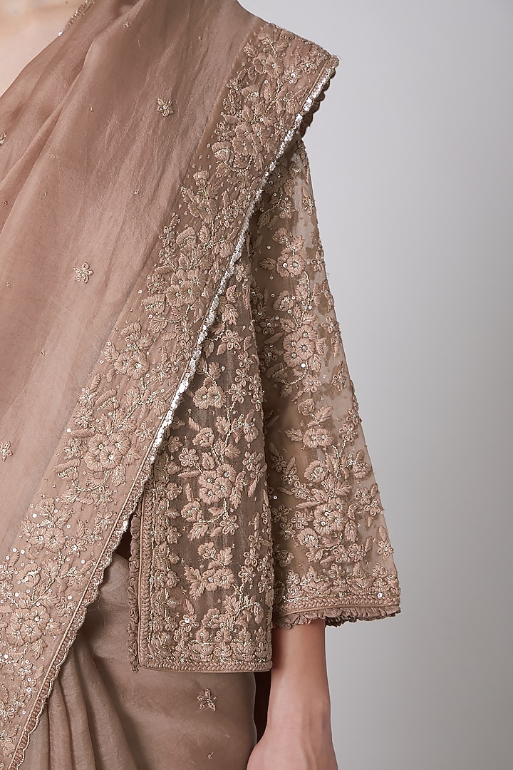 Rose Gold Embroidered Net Saree