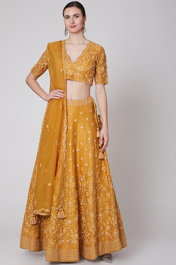 Mango Yellow Embroidered Bridal Lehenga Set by Trisvaraa at Pernia's Pop Up Shop