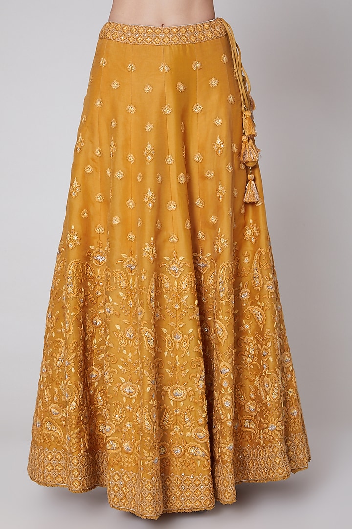 Mango Yellow Embroidered Bridal Lehenga Set by Trisvaraa at Pernia's Pop Up Shop