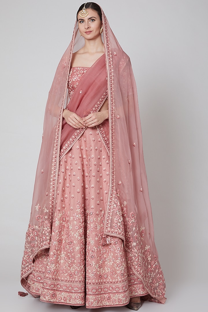 Blush Pink Embroidered Silk Lehenga Set by Trisvaraa