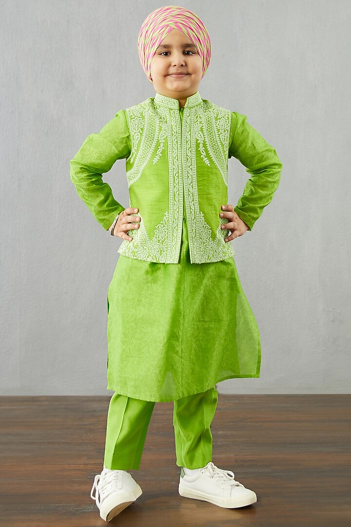 Leaf Green Kurta Set With Bandi Jacket by Torani Kids at Pernia's Pop Up Shop