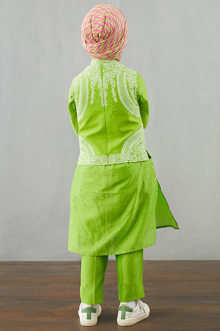 Leaf Green Kurta Set With Bandi Jacket by Torani Kids at Pernia's Pop Up Shop