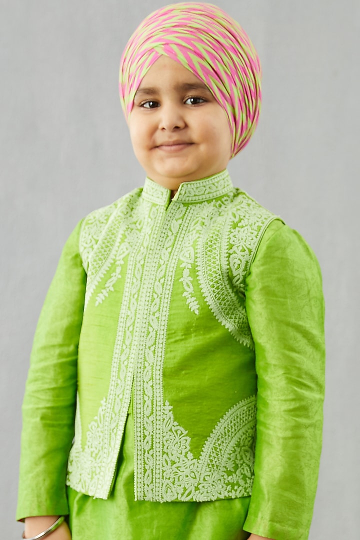 Leaf Green Kurta Set With Bandi Jacket by Torani Kids at Pernia's Pop Up Shop