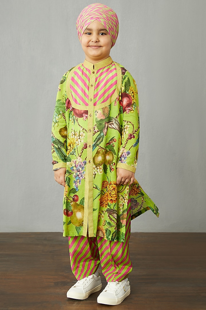 Light Green Cotton Silk & Cotton Voile Kurta Set For Boys by Torani Kids at Pernia's Pop Up Shop