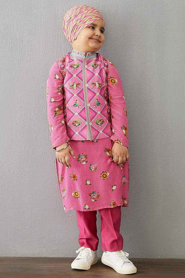 Carnation Pink Chanderi Kurta Set For Boys by Torani Kids at Pernia's Pop Up Shop