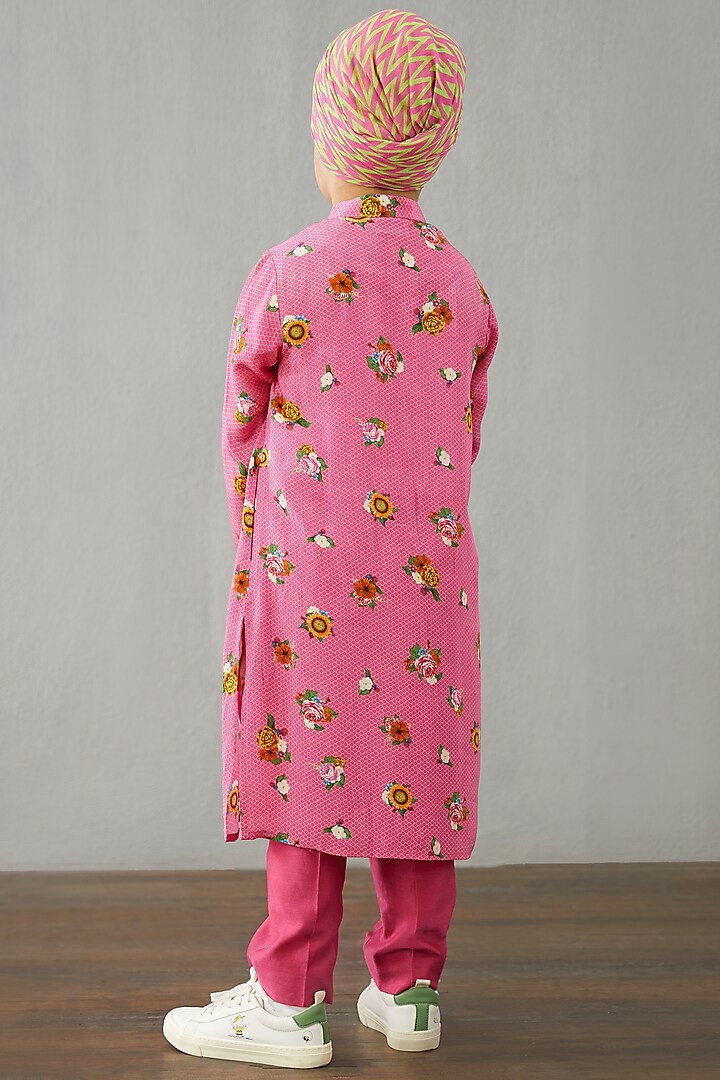 Carnation Pink Chanderi Kurta Set For Boys by Torani Kids at Pernia's Pop Up Shop