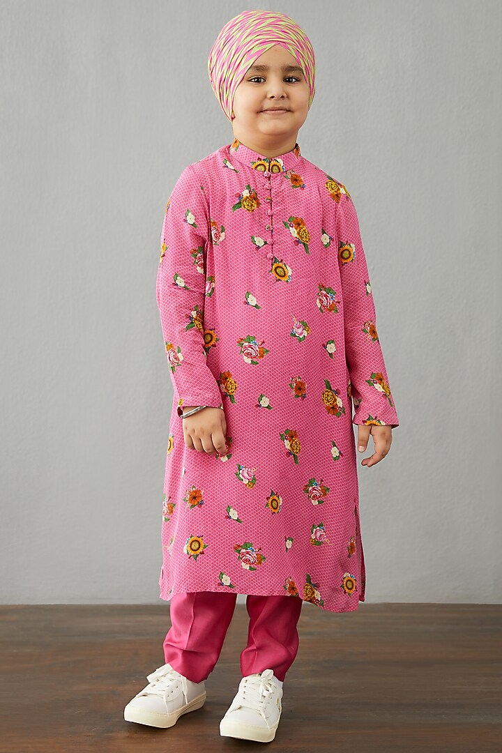 Carnation Pink Chanderi Kurta Set For Boys by Torani Kids at Pernia's Pop Up Shop