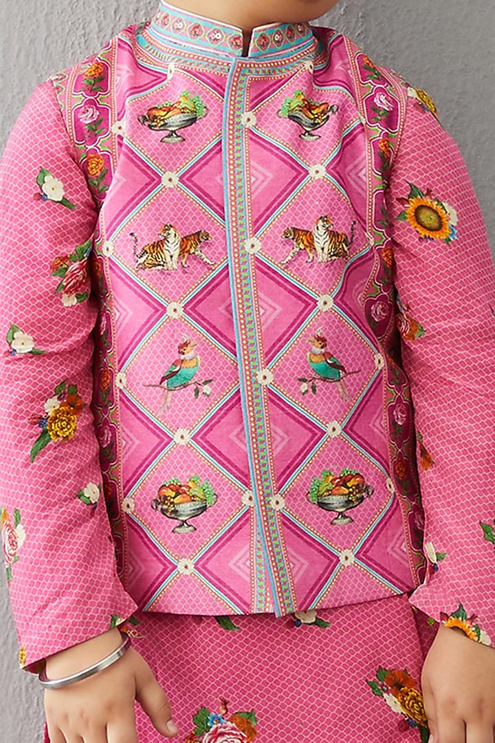 Carnation Pink Chanderi Kurta Set For Boys by Torani Kids at Pernia's Pop Up Shop