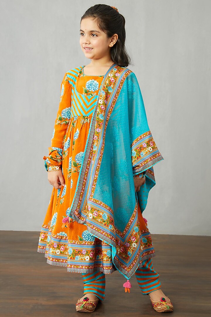 Bright Orange Cotton Silk Kurta Set For Girls by Torani Kids at Pernia's Pop Up Shop