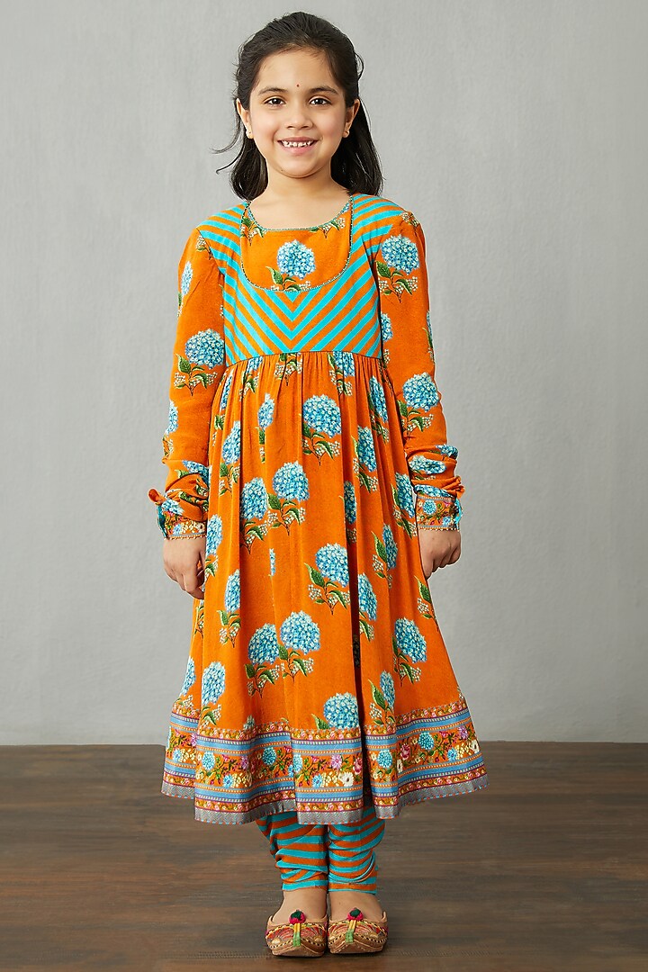 Bright Orange Cotton Silk Kurta Set For Girls by Torani Kids at Pernia's Pop Up Shop