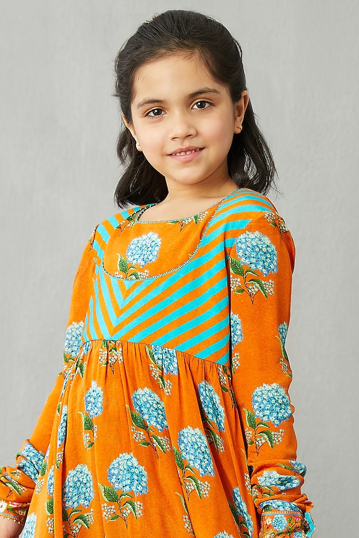 Bright Orange Cotton Silk Kurta Set For Girls by Torani Kids at Pernia's Pop Up Shop