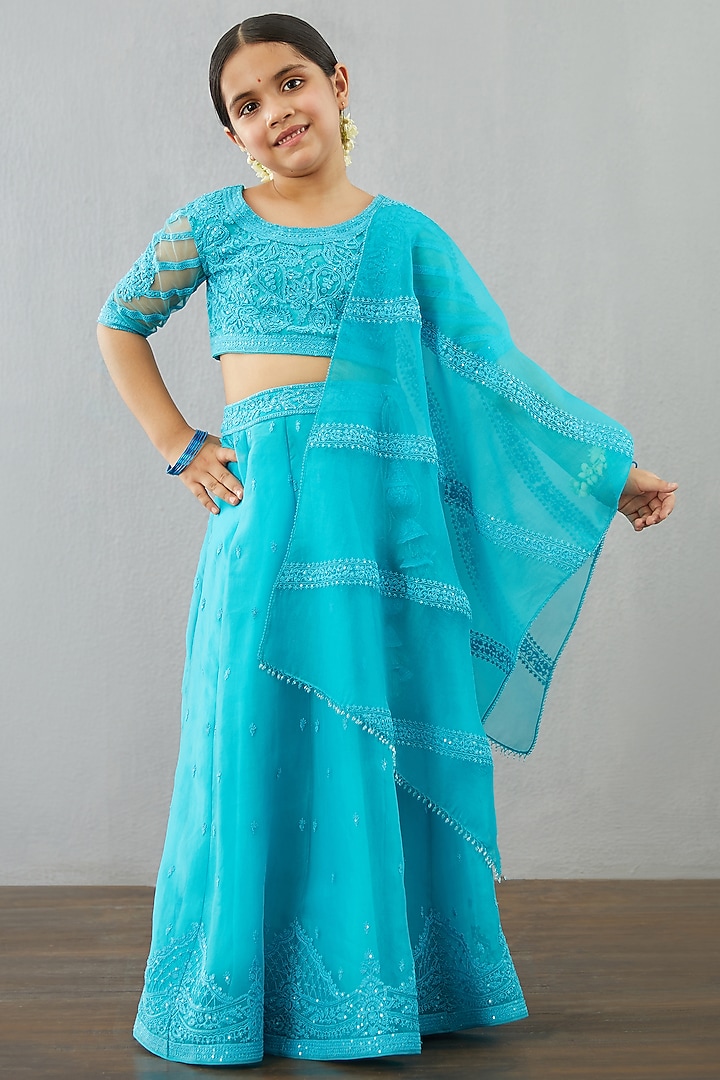 Raspberry Blue Net & Organza Skirt Set For Girls by Torani Kids at Pernia's Pop Up Shop